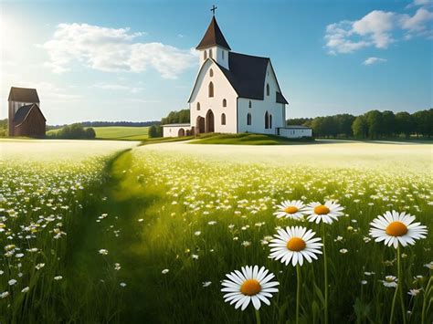 Premium Photo Country Church In Field Of Daisy Wildflowers