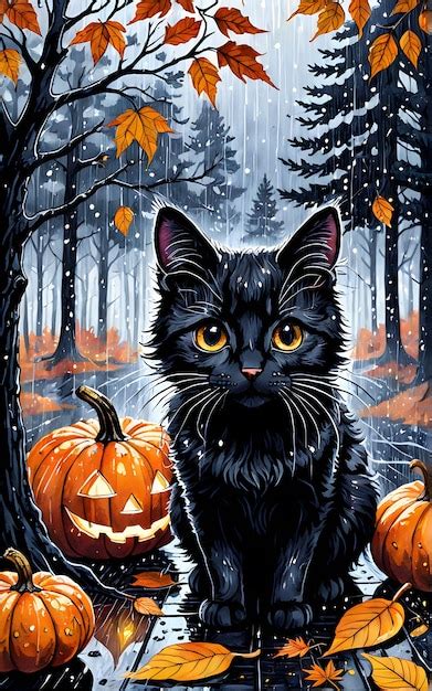 Premium Ai Image Black Cat And Halloween Pumpkin On Autumn Rain