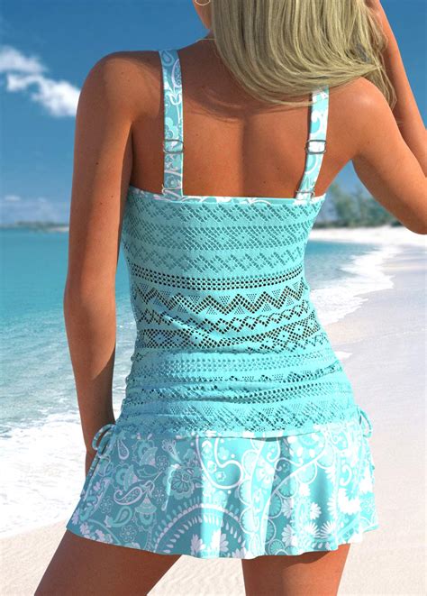 Lace Drawstring Mid Waisted Paisley Print Cyan Tankini Set Modlily