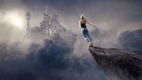fantasy, clouds, woman, castle, sun, sky, atmospheric, light, dreams ...