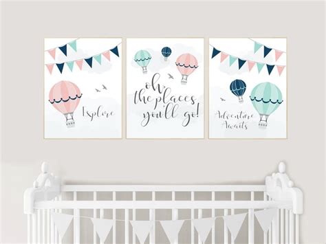 Blush Mint Navy Nursery Wall Art Hot Air Balloon Nursery Etsy