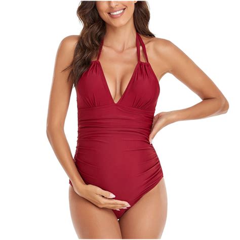 Bigersell One-Piece Halter Maternity Swimsuits V-Neck Pregnancy