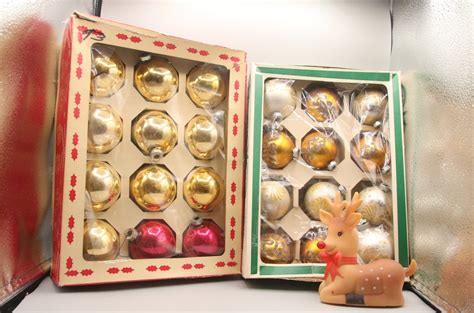 Vintage Shiny Brite Stenciled Mica Coby Glass Ornaments Boxed Small Medium Christmas Tree Mid