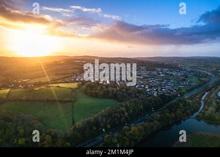Sunrise over Newton Abbot and River Teign from a drone, Devon, England ...