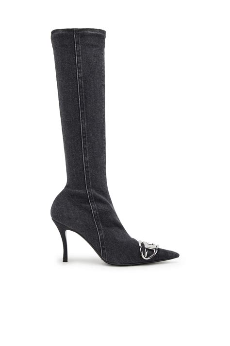 Diesel D Venus Knee High Boots In Stretch Denim Boots Womens In Black