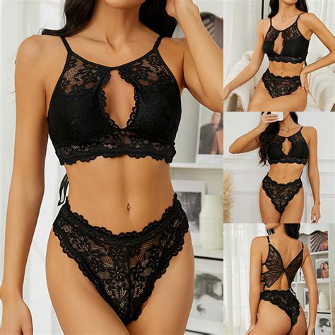 Sexy Front Cutout Back Butterfly Pattern Two Piece Lace Lingerie Set
