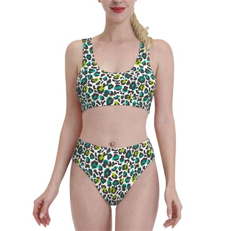 Logiee Green Leopard Print Women S Piece Bikini Set Halter Bathing Suit High Waisted Bikini