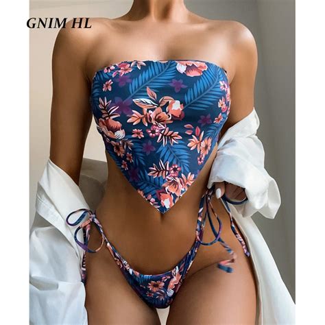 Jual PREORDER GNIM Sexy Bandeau Baju Renang Wanita 2 Buah Bikini Mujer 2021 Floral Cetak Perban