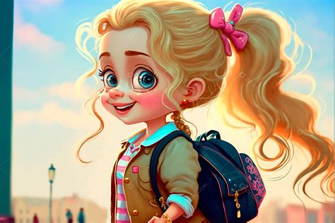 Loirinha dos desenhos animados sorridente ilustração mochila indo