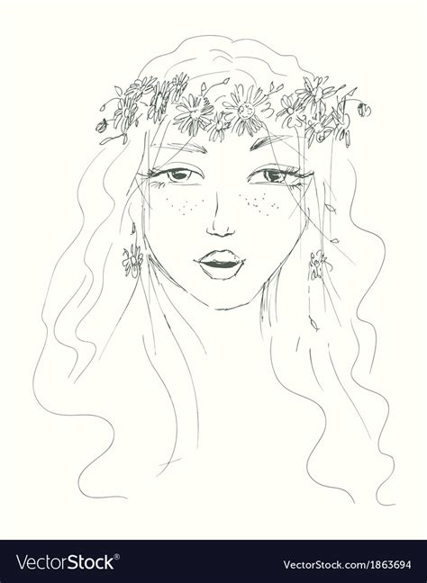 Sketch Of A Woman With Flowers In Her Hair Vector Image