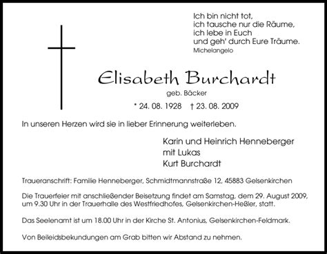 Traueranzeigen Von Elisabeth Burchardt Trauer In Nrw De