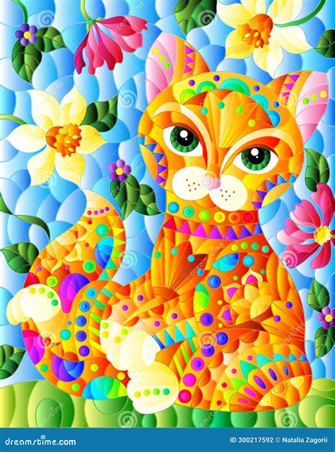 An Illustration In Stained Glass Style With A Rainbow Cute Cat On A Background Of Meadows