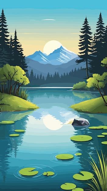 Beau Lac Et Dessin De Montagne Dessin Anim Vectoriel Vecteur Premium