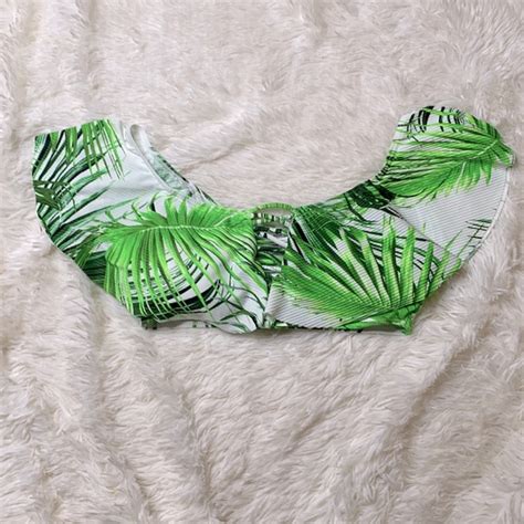 Tinibikini Swim Tini Bikini White Green Palm Print Ruffle Off Shoulder Bikini Swim Suit Top