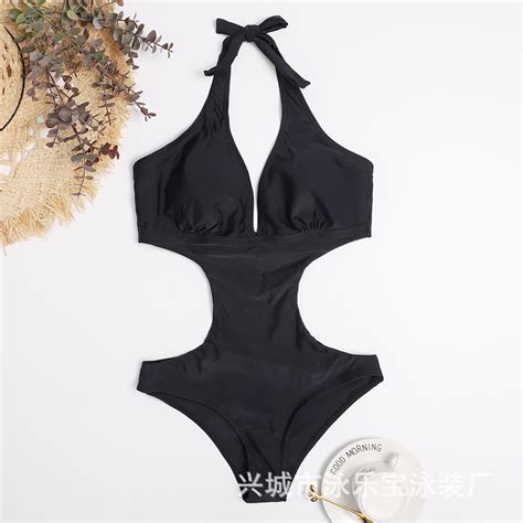 Generic New Deep V One Piece Sexy Swimsuit Simple Solid Color Hollow Out One Piece Bikini