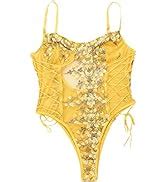 Amazon Lilosy Women Sexy Lace Up Floral Embroidered Teddy Lingerie Bodysuit Top Mesh Sheer