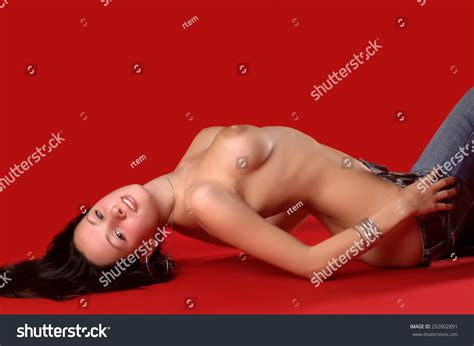 Sexy Naked Woman Jeans Red Background Stock Photo Shutterstock