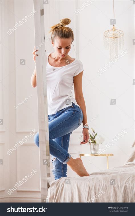 Beautiful Sexy Girl Blonde Jeans Posing Stock Photo Shutterstock