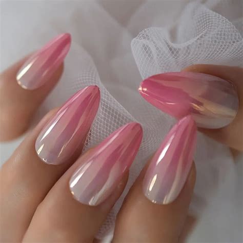 24 Medium Press On Nails Kit W Glue Pink Ombre Jelly Iridescent Chrome Nude EBay Pembe