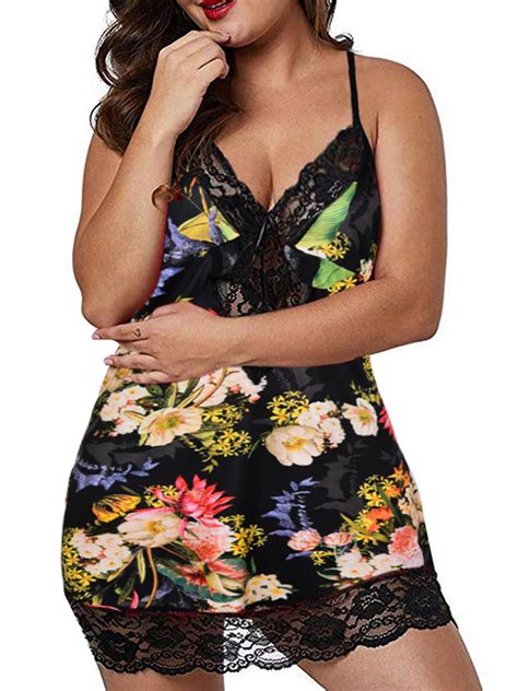 Justvh Plus Size Women Strappy Lace Lingerie Patchwork Babydoll Nightdress Nightwear Walmart