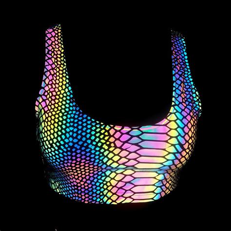 Women S Rainbow Reflective Sexy Bikini Split For Night Club Rave Party Reflective Glowing In