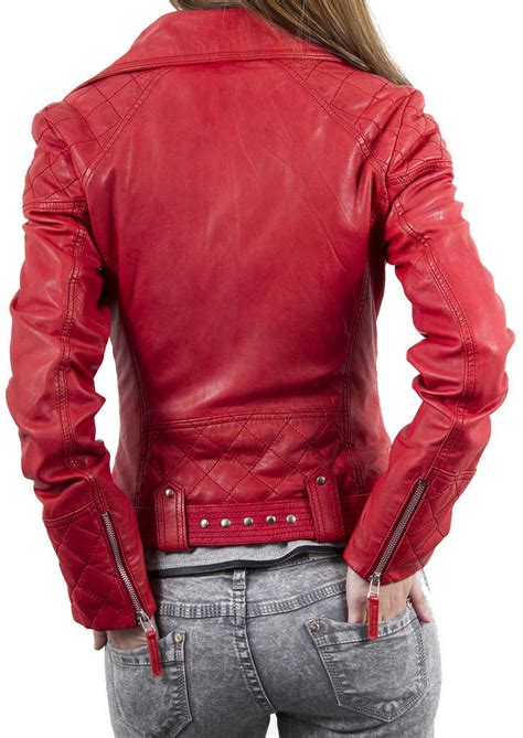 Womens Genuine Lambskin Leather Motorcycle Slim Fit Red Biker Jacket