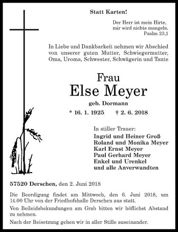 Traueranzeigen Von Else Meyer Rz Trauer De