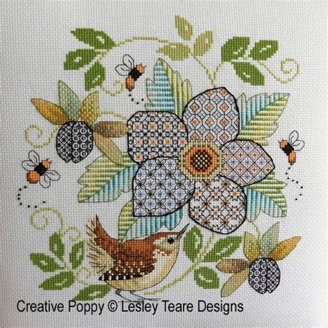 Blackwork Flower With Wrenblackwork Cross Stitch Patternby Lesley