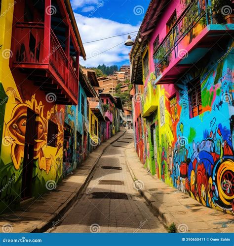 Colorful Street in Hidden Neighborhood in Medellin, Colombia Stock