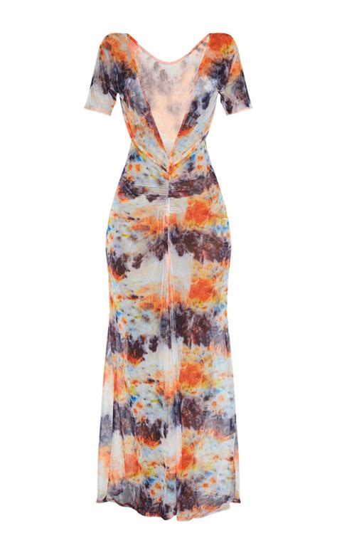 Orange Tie Dye Ruched Maxi Beach Dress Prettylittlething