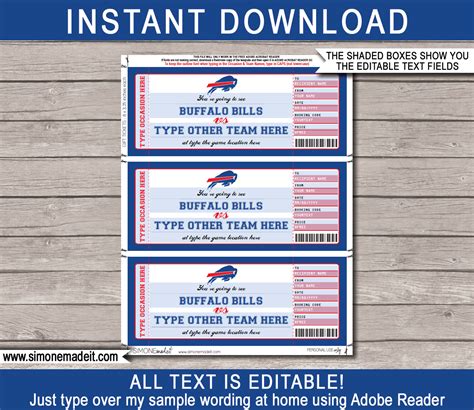 Buffalo Bills Game Ticket T Voucher Printable Surprise Football
