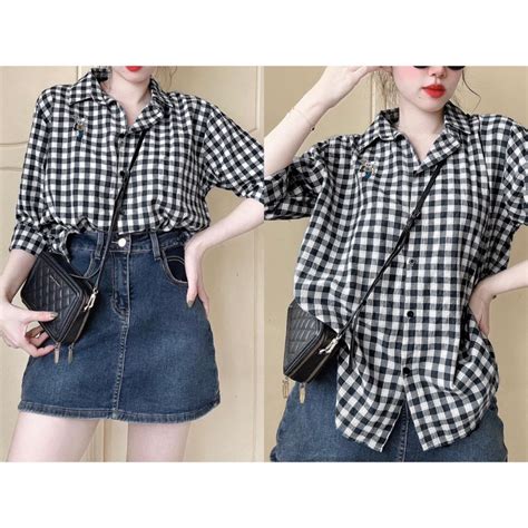Áo Sơ Mi Nữ Kẻ Ô Hot Thêu Gấu Xinh Xắn Phong Cách Hàn Quốc Freesize Phom Rộng Shopee Việt Nam