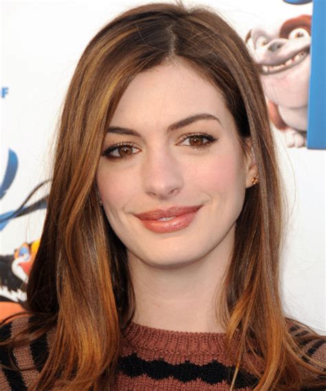 Anne Hathaway Long Straight Auburn Brunette Hairstyle with Red Highlights