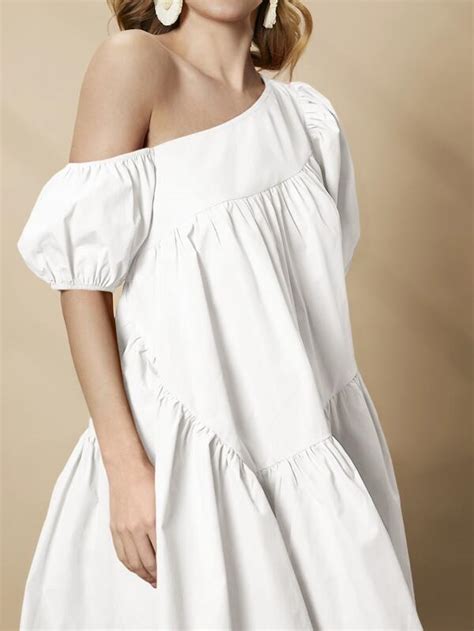 Shein Privé Asymmetrical Neck Puff Sleeve Ruffle Hem Smock Dress