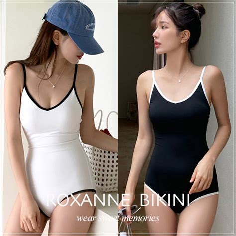 ROXANNE現貨 預購黑白純色顯瘦連身泳衣 連身泳裝 比基尼 bikini 蝦皮購物