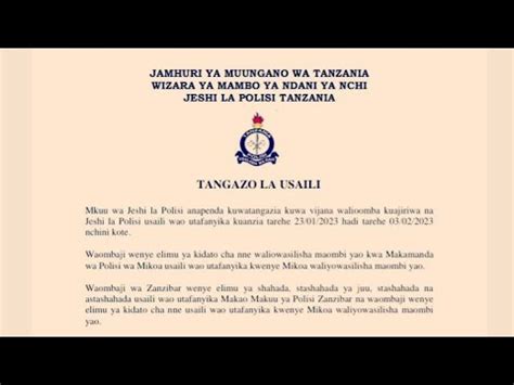 Breaking News TANGAZO LA KUITWA KWENYE USAILI WA JESHI LA POLISI 2023