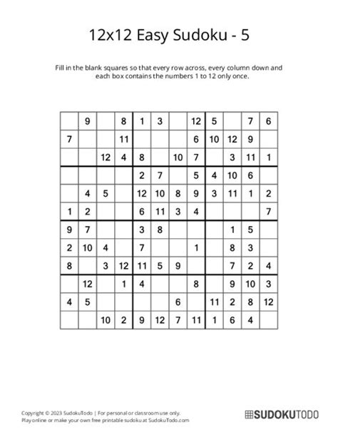 12x12 Easy Sudoku Puzzles Printable