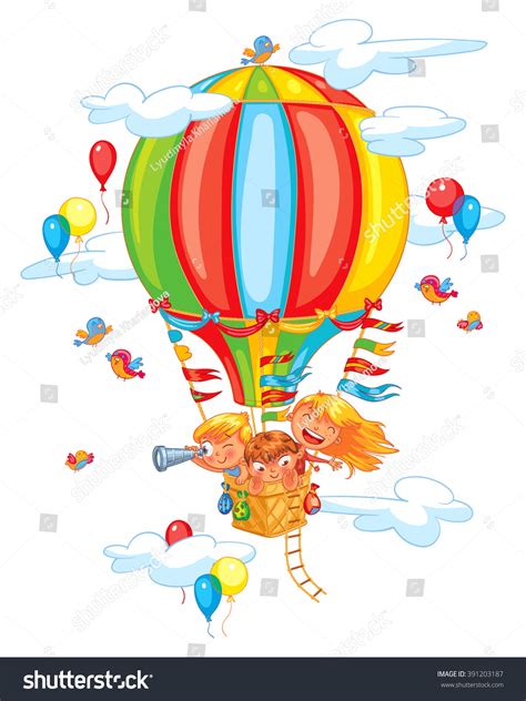 Cartoon Kids Riding Hot Air Balloon 스톡 벡터 로열티 프리 391203187