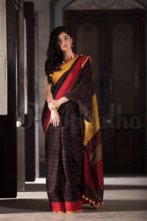 Black Check Organic Linen Saree With Dual Tone Border And Etsy