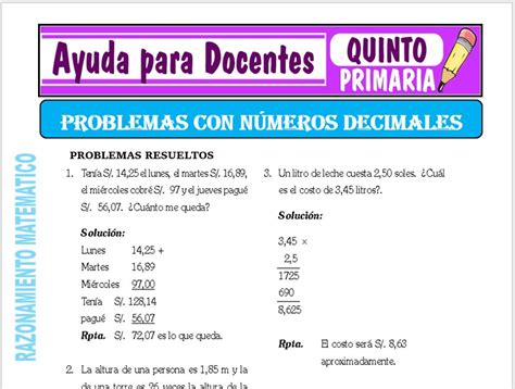 Problemas De Suma Y Resta Con Decimales Para Quinto De Primaria The