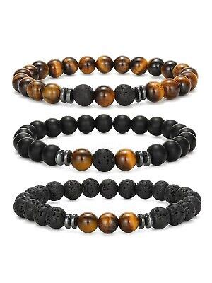 Pcs Set Men S Black Brown Beaded Stone Wristband Bangle Bracelet Cuff