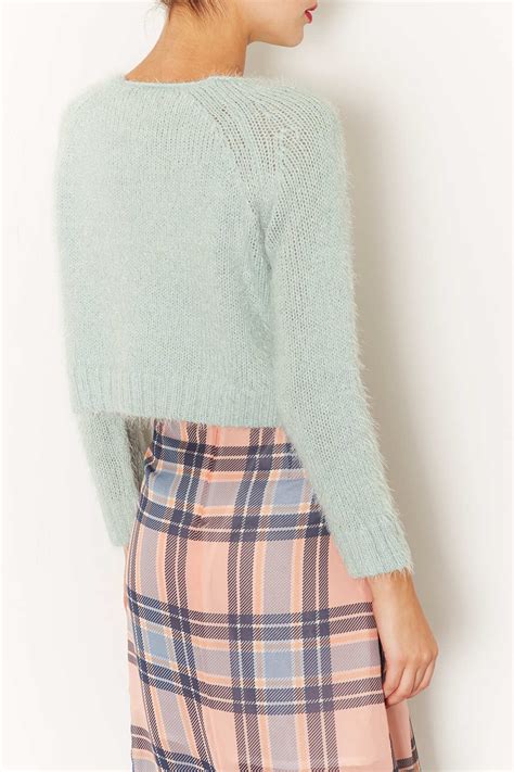Lyst Topshop Knitted Fluffy Crop Jumper In Blue