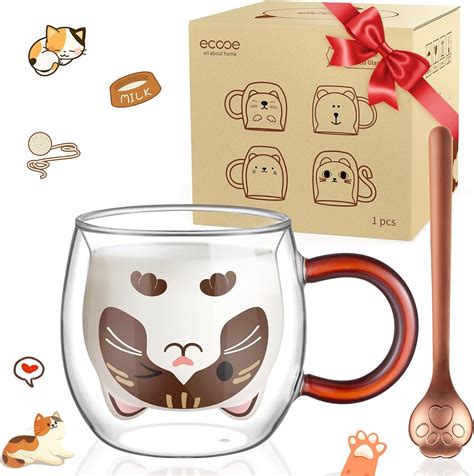 Amazon Ecooe Cute Cat Mug Glass Coffee Cup 9 4oz Double Walled