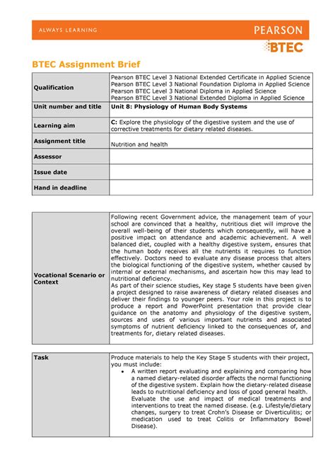 Authorised Assignment Brief For Learning Aim C Unit 8 Physiology Of