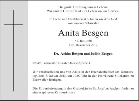 Traueranzeigen Von Anita Besgen Aachen Gedenkt