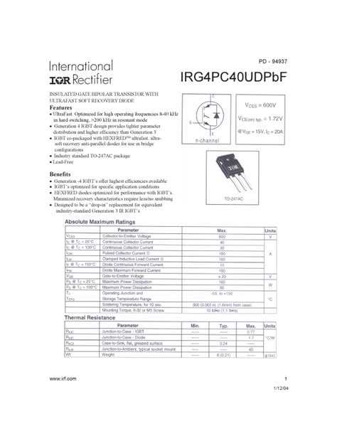G4PC40UD Datasheet PDF (International Rectifier) - IRG4PC40UD