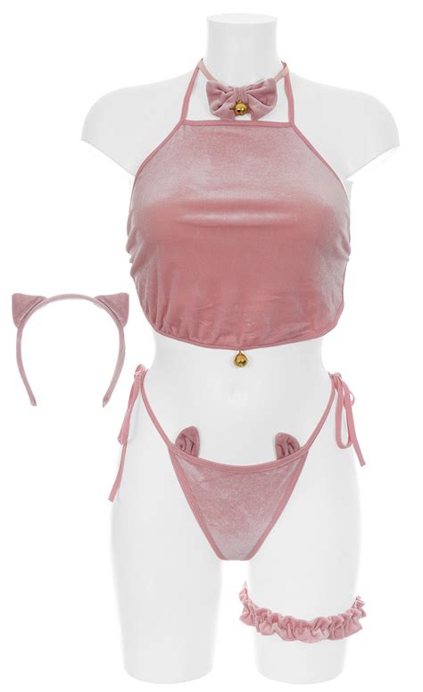 Sexy Pink Cat Lingerie Set Bell Tail And Ear Headband Cute Kawaii Japan Attitude Vetcos