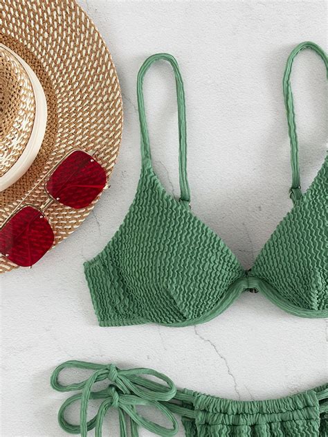 Shein Swim Basics Textured Bikini Set Underwire Push Up Bra Thong Bottom Piece Bathing Suit