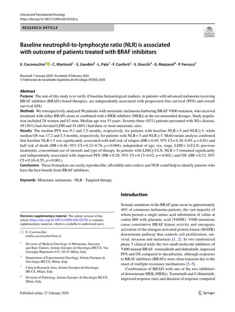 Pdf Baseline Neutrophil To Lymphocyte Ratio Nlr Is Associated With