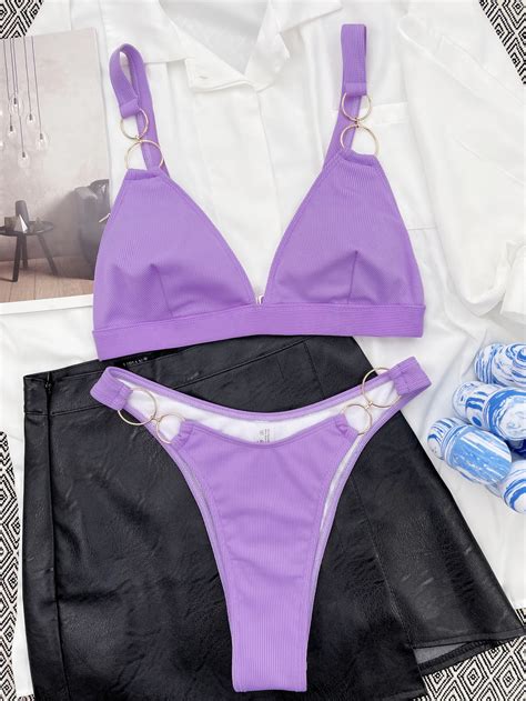 Trinkini Brazilian Nude Girls Bikini Swimwear Women Purple Thong Bikini Girls Summer Swimsuit